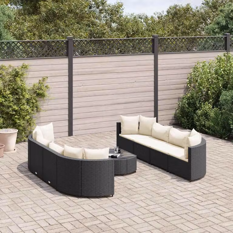 Set di divani da giardino vidaXL in polyrattan nero con cuscini e tavolino da esterno a forma di L