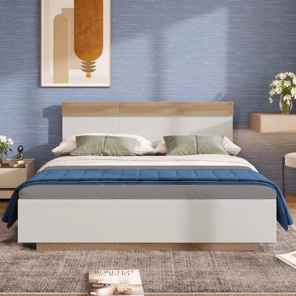 Letto matrimoniale sospeso OKWISH con testiera bicolore e struttura a doghe inclusa, L/P: 140 x 200 cm, bianco e rovere – 2