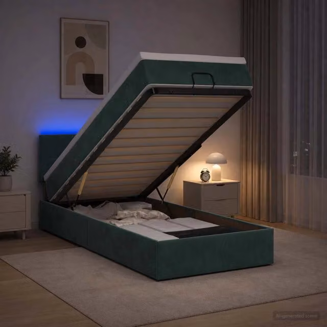 Letto Ottomano con Materasso e LED vidaXL in Velluto Verde e Bianco con Base a Sollevamento e Porte USB L/P/H: 100 x 200 x 88 cm
