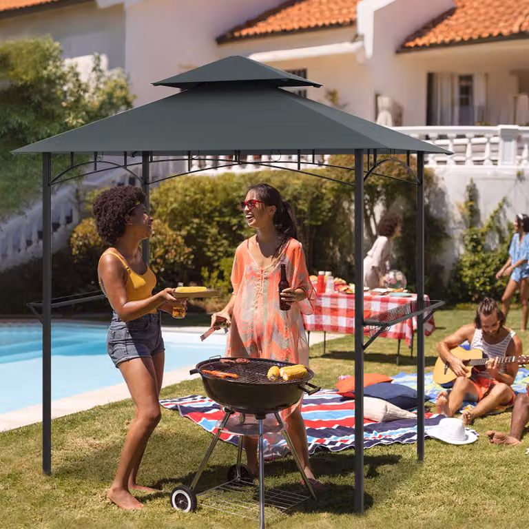 Gazebo barbecue Costway con copertura a doppio strato, 2 ripiani e 7 ganci, ideale per giardino e piscina, Grigio