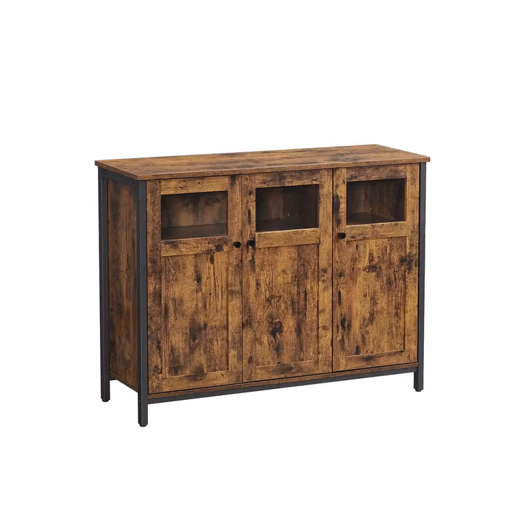 Credenza Multiuso con Ante in Vetro, Marrone Vintage + Nero