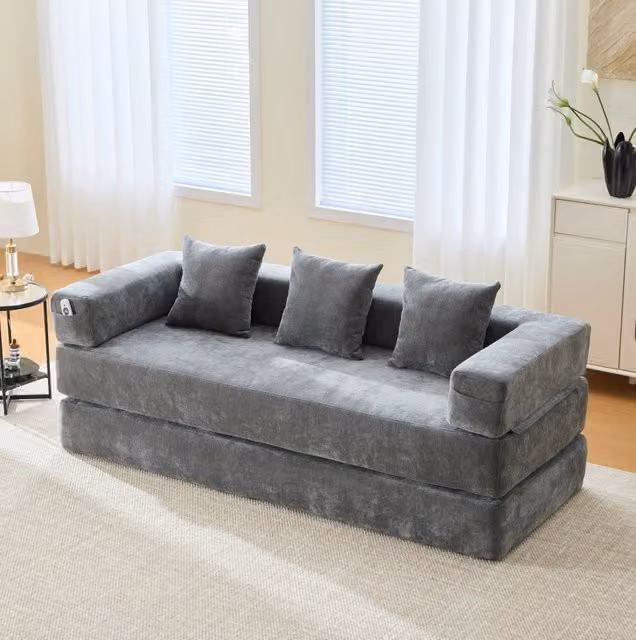 Divano modulare in chenille grigio scuro; con tasche laterali; base antiscivolo; 198x79x60 cm