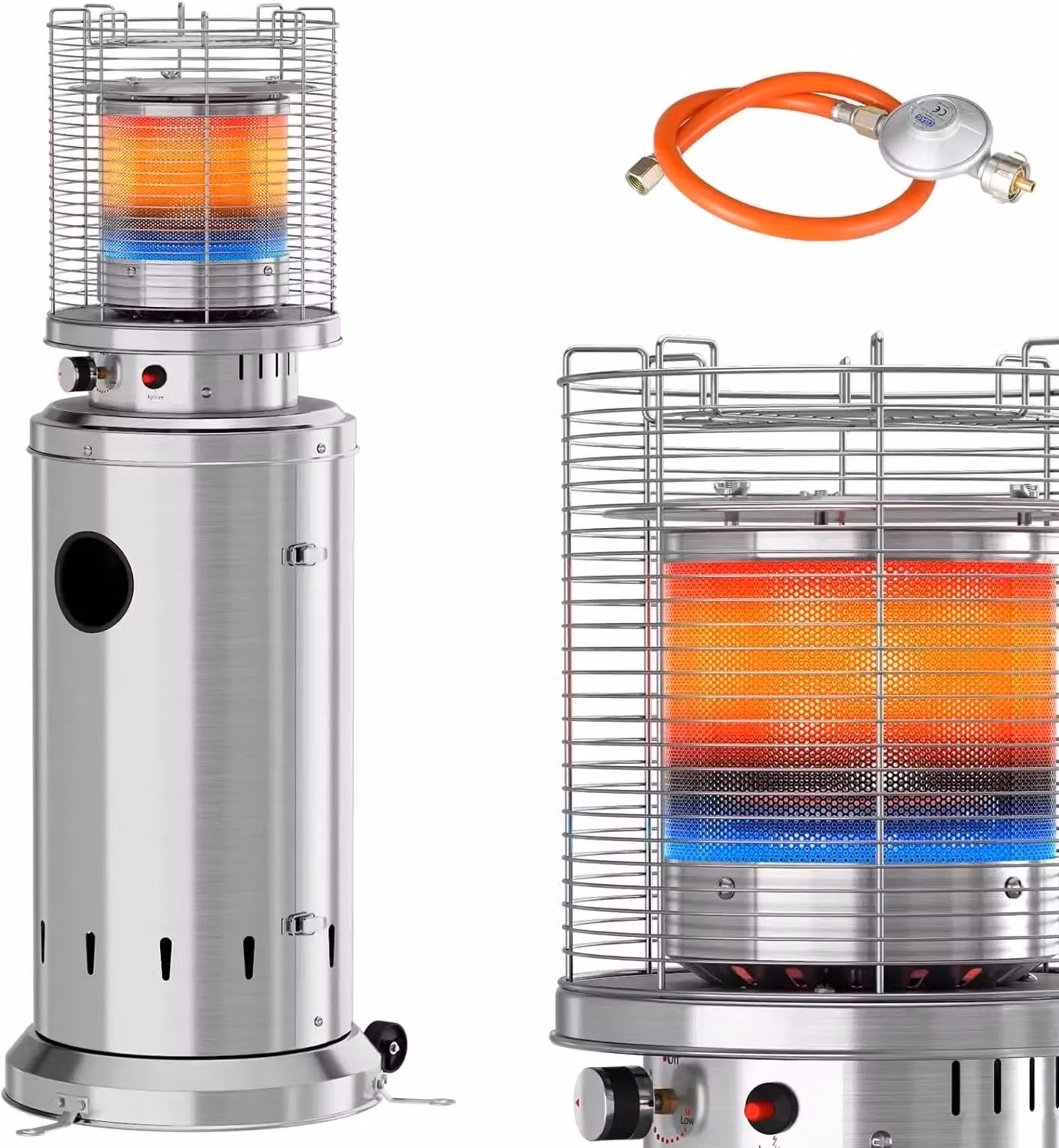 Riscaldatore a gas per esterni - Riscaldatore da terrazza da 6,5 kW - Modello mobile con ruote - Raggio di riscaldamento: 3,5 metri - Altezza: 125 cm - Colore: argento