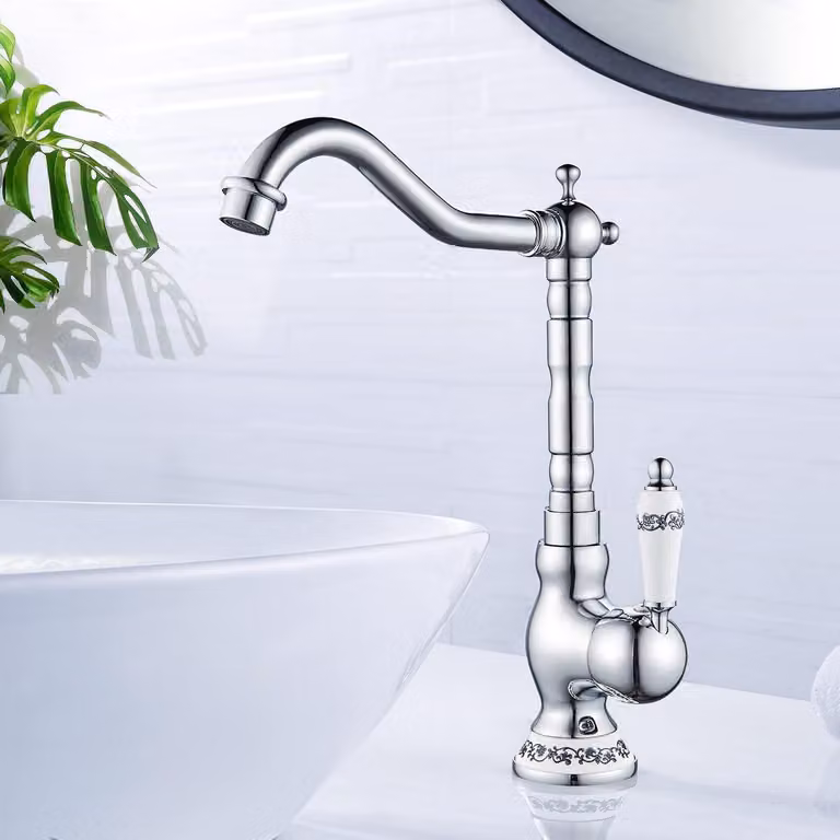 Miscelatore monocomando retrò per lavabo, cromato, in ottone, attacco G3/8, rotazione a 360°