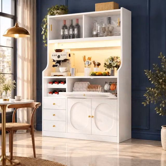 Credenza alta da cucina 120x40x180 cm con LED RGB; ante in vetro; portabottiglie e 3 cassetti; bianca