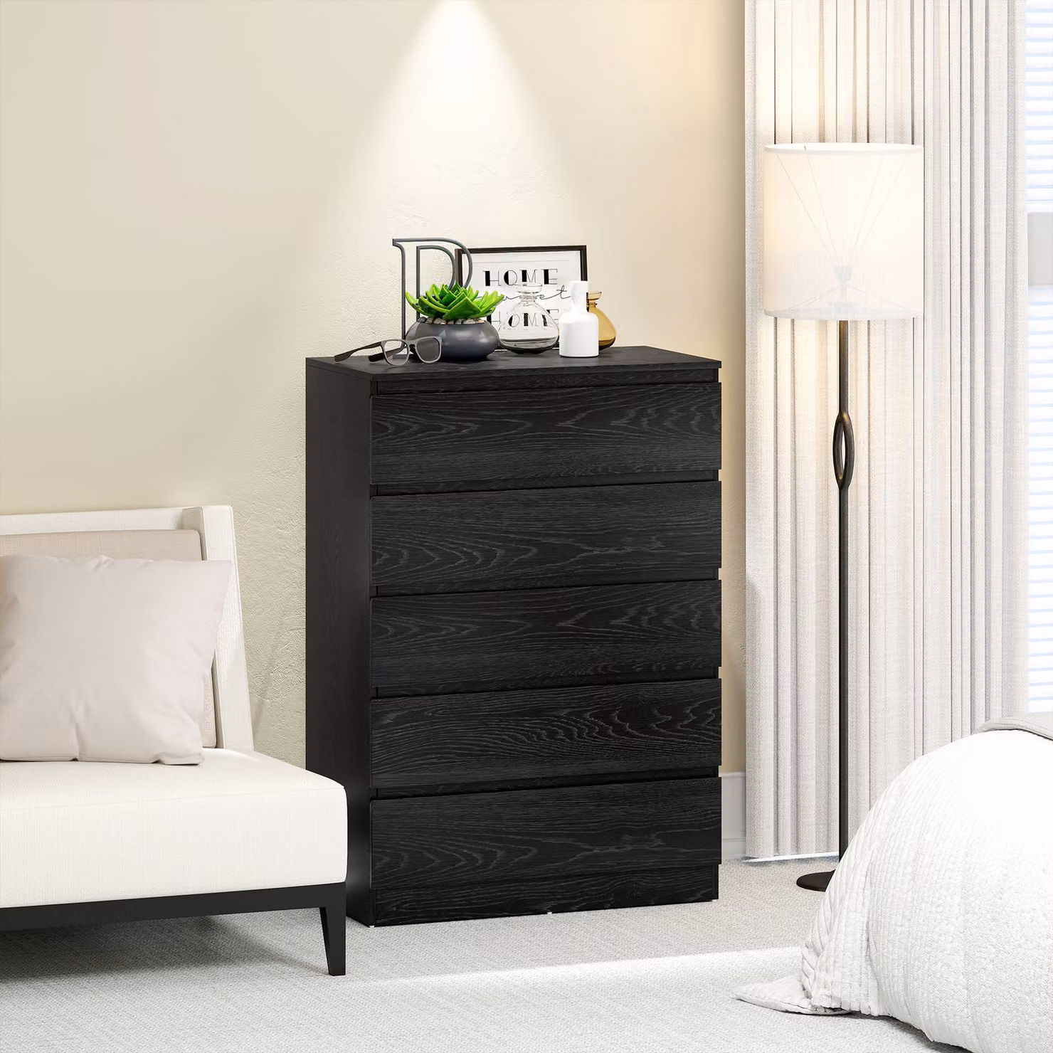 Comò Moderno HOMCOM con 5 Cassetti per Camera da Letto, Soggiorno o Ufficio, Nero Venato, L: 77 cm, P: 40 cm, H: 111,5 cm – 2
