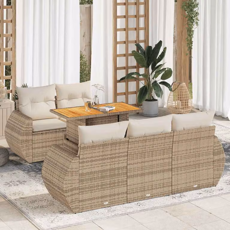 Set Divano da Giardino vidaXL 6 pz in Polyrattan con Cuscini Beige e Legno di Acacia Oliato