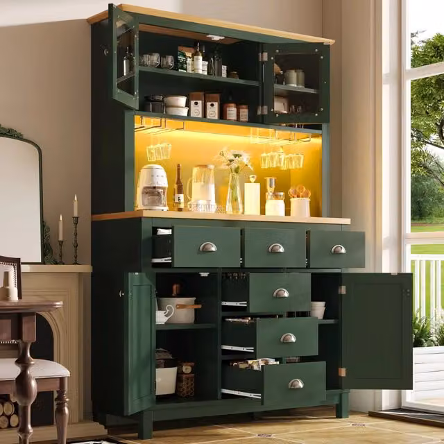 Credenza da cucina con barra LED controllabile tramite app in MDF verde e metallo 104 × 40 × 180 cm