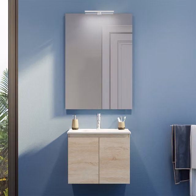 Mobile bagno sospeso Yili con lavabo e specchio LED in finitura rovere chiaro e bianco, Larghezza: 70 cm