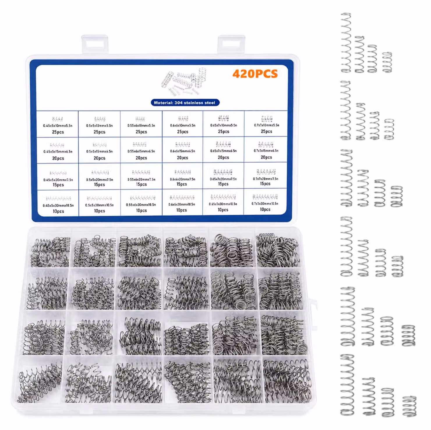 Set di molle a compressione, 420 pezzi, 24 dimensioni, acciaio inossidabile, da 10 a 30 mm