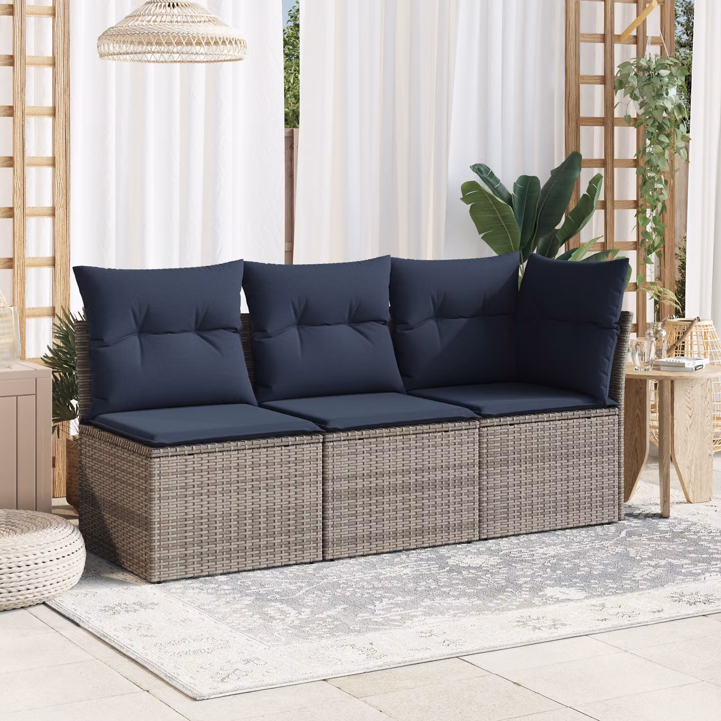 Divano da giardino moderno vidaXL in polyrattan con cuscini grigi e blu e struttura in metallo