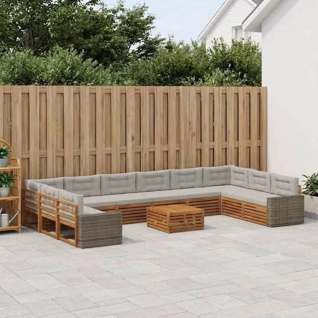 Set di divani da giardino a forma di U vidaXL in legno di acacia con cuscini beige e grigi, 11 pezzi – 1