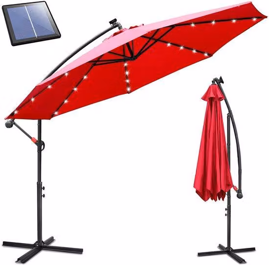 Grande ombrellone solare a LED per terrazza e balcone - Diametro 350 cm - Protezione UV50+ UPF 50+ - Tessuto poliestere impermeabile con tetto ventilato - Struttura in metallo robusta - Include base a croce - Colore: rosso - Molteplici utilizzi - Ideale p