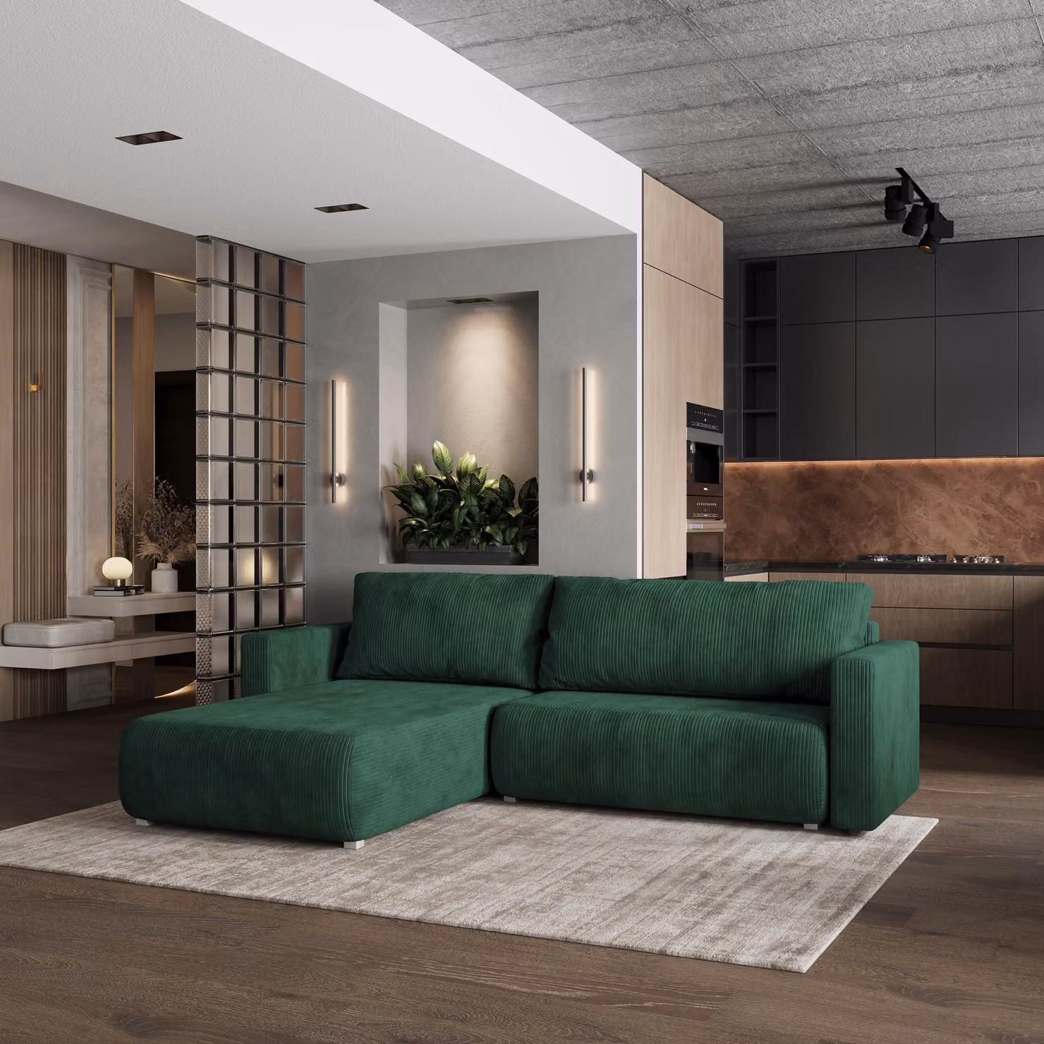 Divano angolare Masseno TURIN P con funzione letto a L, divano con box letto, divano da salotto, divano, divano, divano letto, set di divani - verde, POSO 14