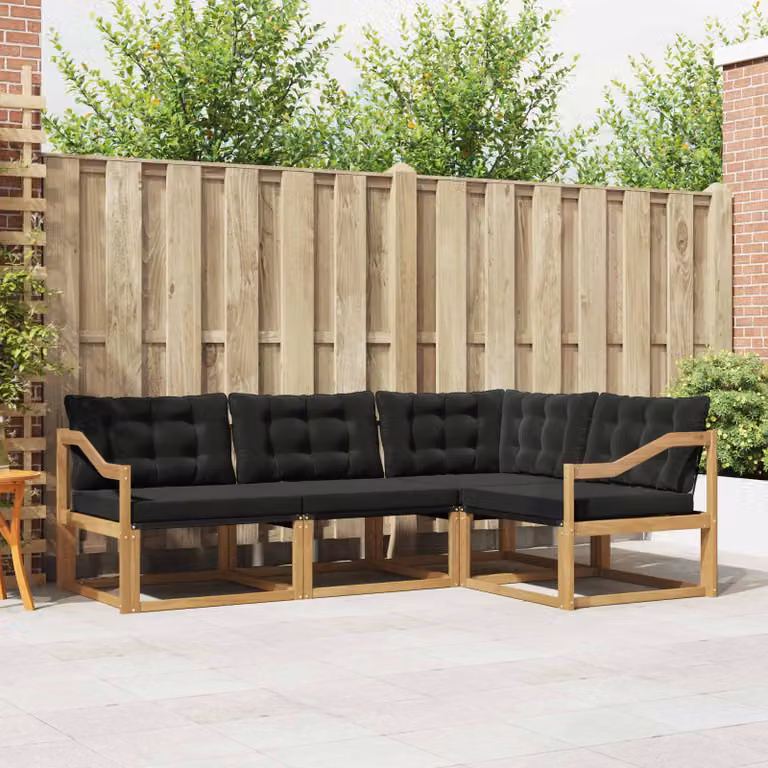 Set di divani da esterno vidaXL a forma di L composto da 4 pezzi in legno di acacia con sedute in textilene e cuscini inclusi, Bianco, Nero e Marrone
