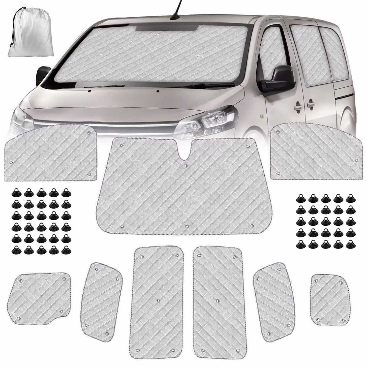 Kit di protezione solare da 9 pezzi per Citroen Jumpy (lunghezza aumentata), Opel Vivaro e Fiat Scudo | Protezione per parabrezza, finestrini laterali e lunotto | Protezione per tutto l'anno