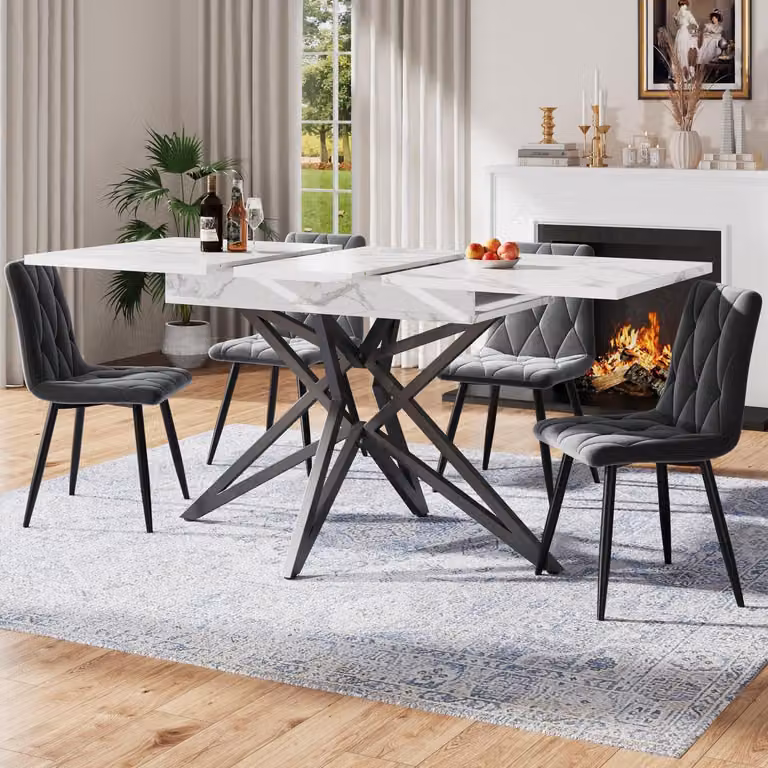 Set da pranzo con tavolo allungabile e 4 sedie, dimensioni 120/160 x 80 cm, finitura effetto noce brasiliano in MDF, gambe del tavolo nere, sedie in velluto grigio scuro