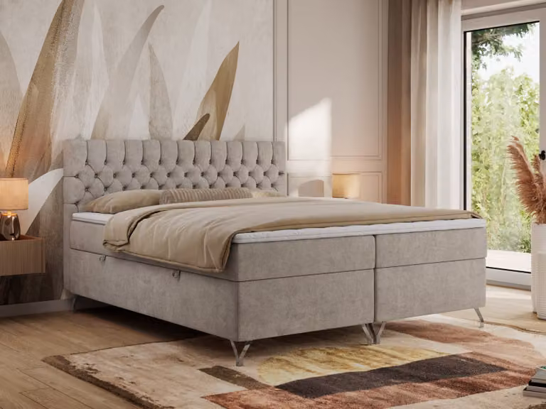 Letto boxspring MKS MEBLE 140x200, Letto 140x200 con materasso H3, letto boxspring 140x200 con contenitore e topper, letto imbottito 140x200 con piedini - GRIMALDI - 140x200 - Struttura beige - H3