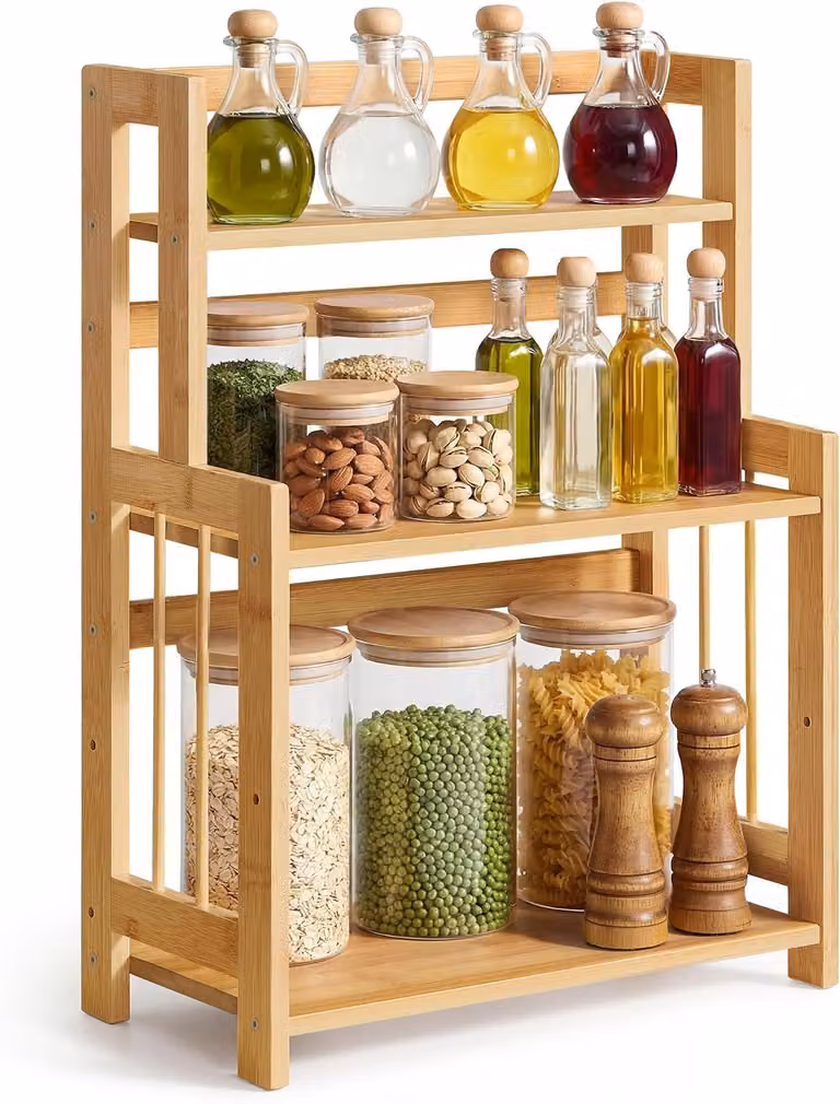 Portaspezie a 3 livelli - Portaoggetti da cucina per il piano di lavoro - Bambù - Beige