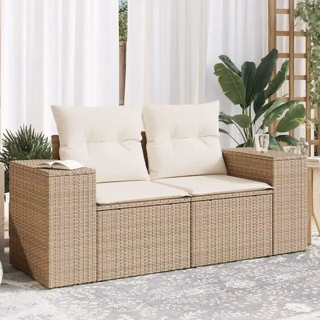 Divano da giardino a 2 posti vidaXL in polyrattan beige con cuscini inclusi