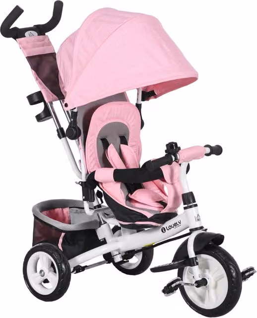 Triciclo per bambini Xylo rosa con manubrio telescopico, capottina e borsa in tessuto