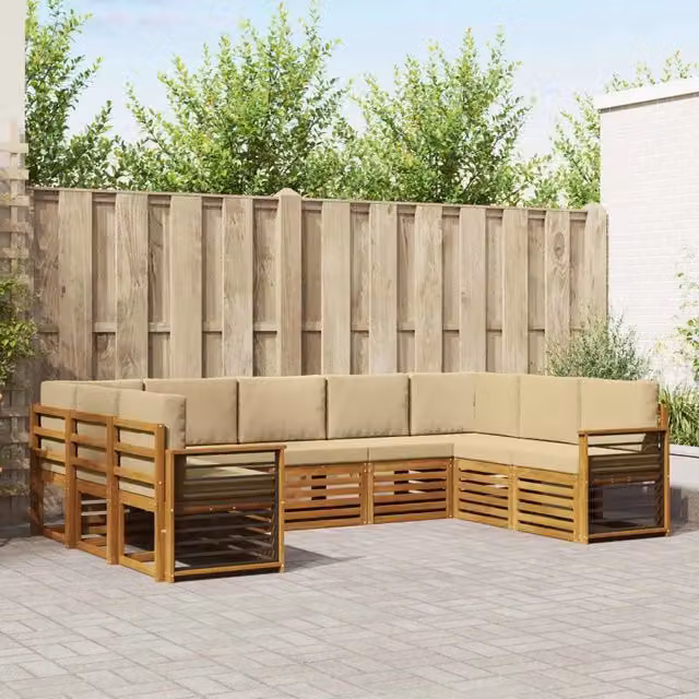 Set di divani da esterno a L vidaXL in legno di acacia con cuscini beige e sabbia – 1