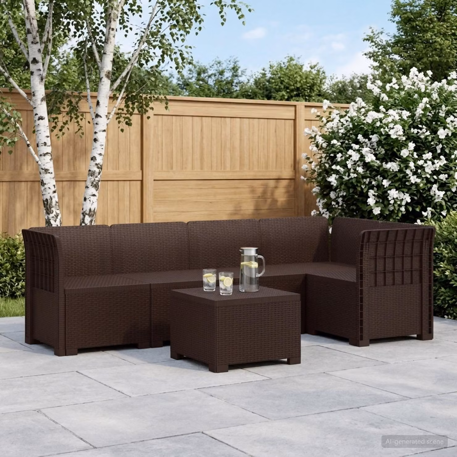 Set da giardino vidaXL a forma di L con divano da 3 posti, elemento angolare, tavolino da caffè e cuscini in polyrattan marrone
