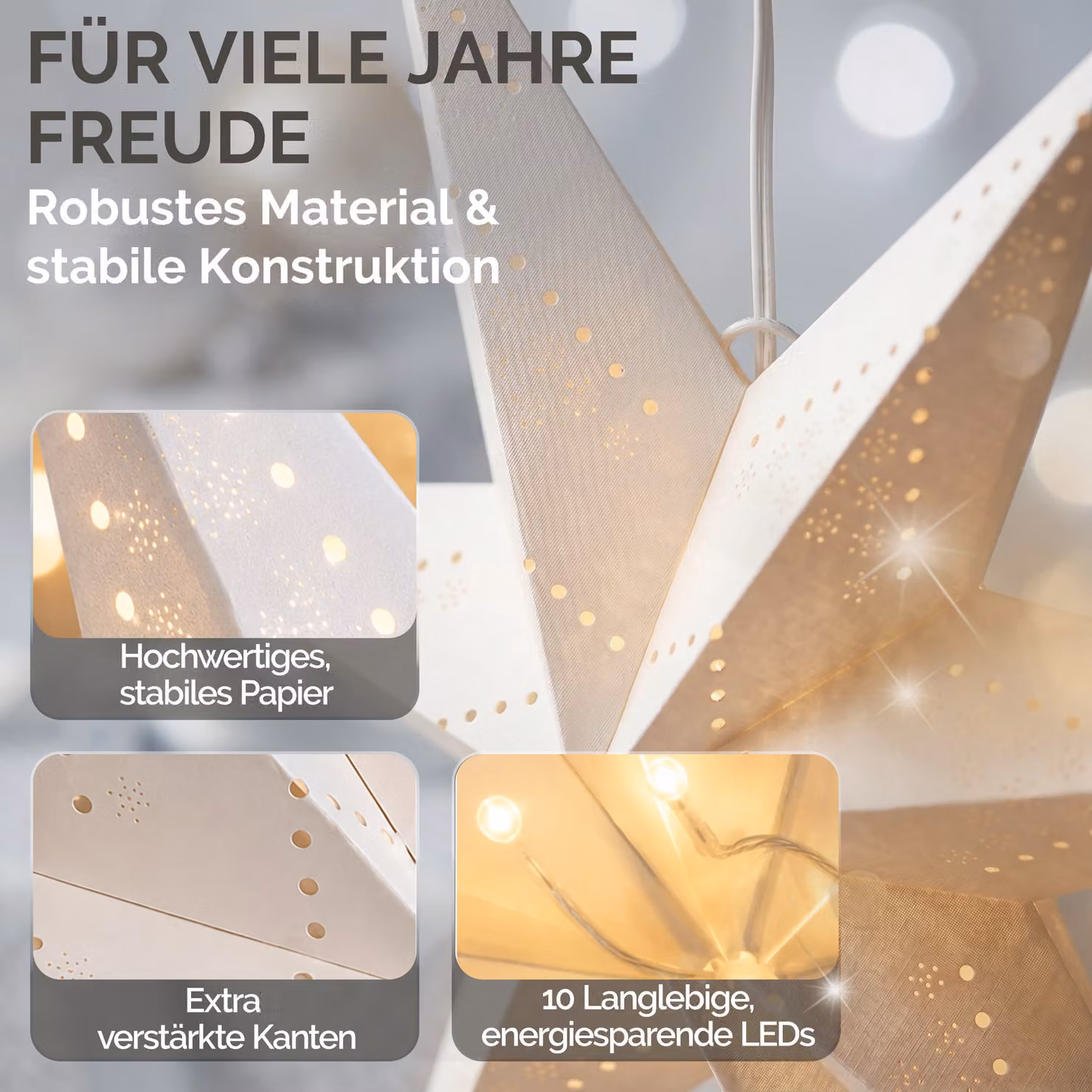 Stella di carta Casaria color beige con 10 LED per decorazioni natalizie, Diametro: 60 cm – 3