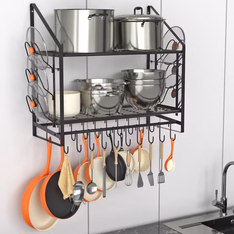 Omgoods - Portaoggetti a parete a 2 ripiani - Montaggio a parete - 20 ganci - 6 supporti per coperchi - Acciaio resistente - 88,1 cm x 33 cm x 67,1 cm - Porta utensili da cucina