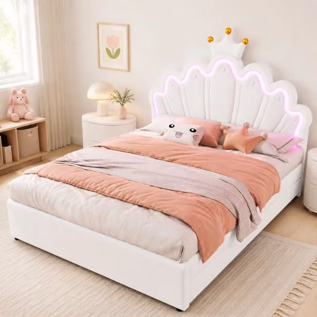Letto per bambini imbottito 140 × 200 cm con testiera regolabile in PU bianco luci a 16 colori e 2 cassetti