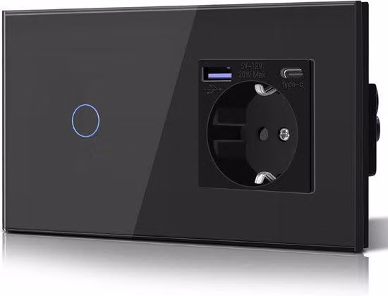 Presa a muro USB-C con design in vetro - 20W - 157mm - nera - per la ricarica di dispositivi