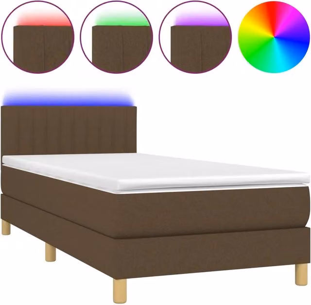 Letto singolo | Letto per adulti | Letto a Molle Materasso e LED Marrone Scuro 90x200cm in Tessuto