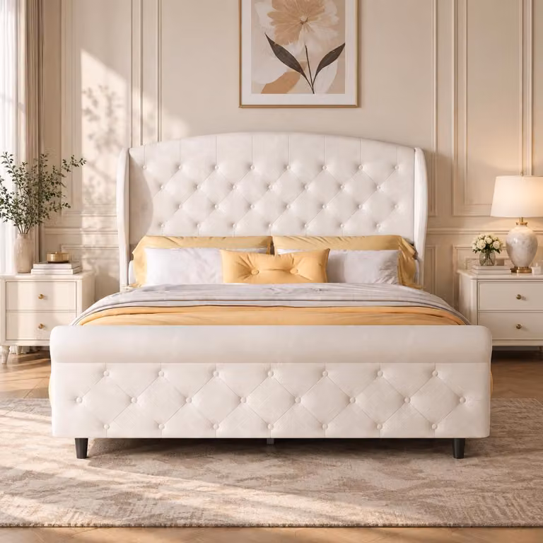 Letto imbottito INONEFT, 140x200 cm, modello a slitta, adatto per ragazzi, con testiera e rete a listelli, per bambini, senza materasso, in velluto, color beige