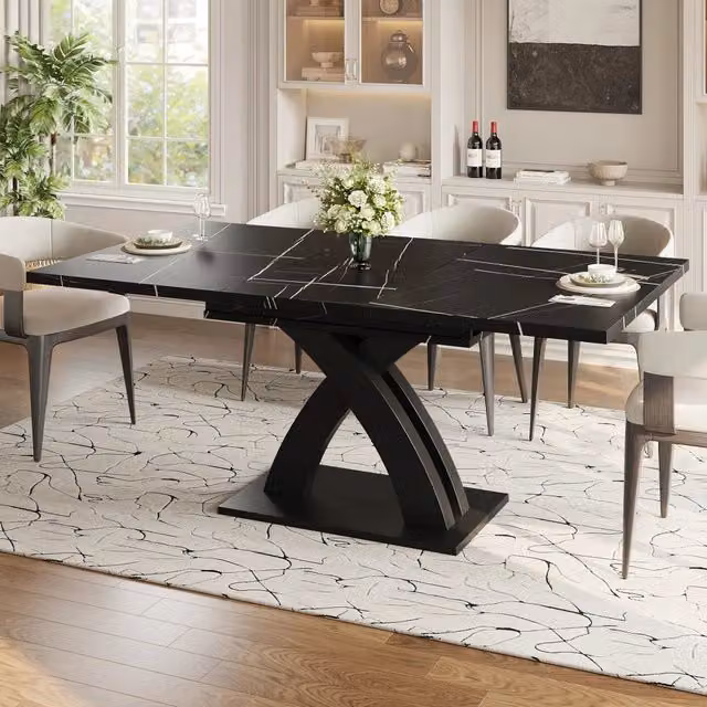 Tavolo da pranzo allungabile con piano in mdf e struttura in metallo, con guide scorrevoli per cucina soggiorno e balcone, nero
