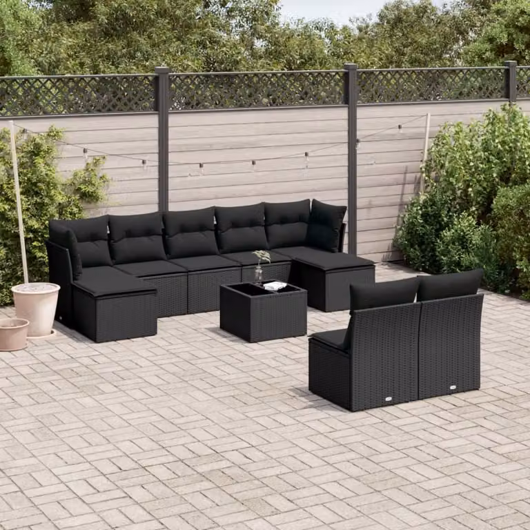 Set di divani da giardino vidaXL in polyrattan nero con cuscini e tavolino da esterno a forma di U