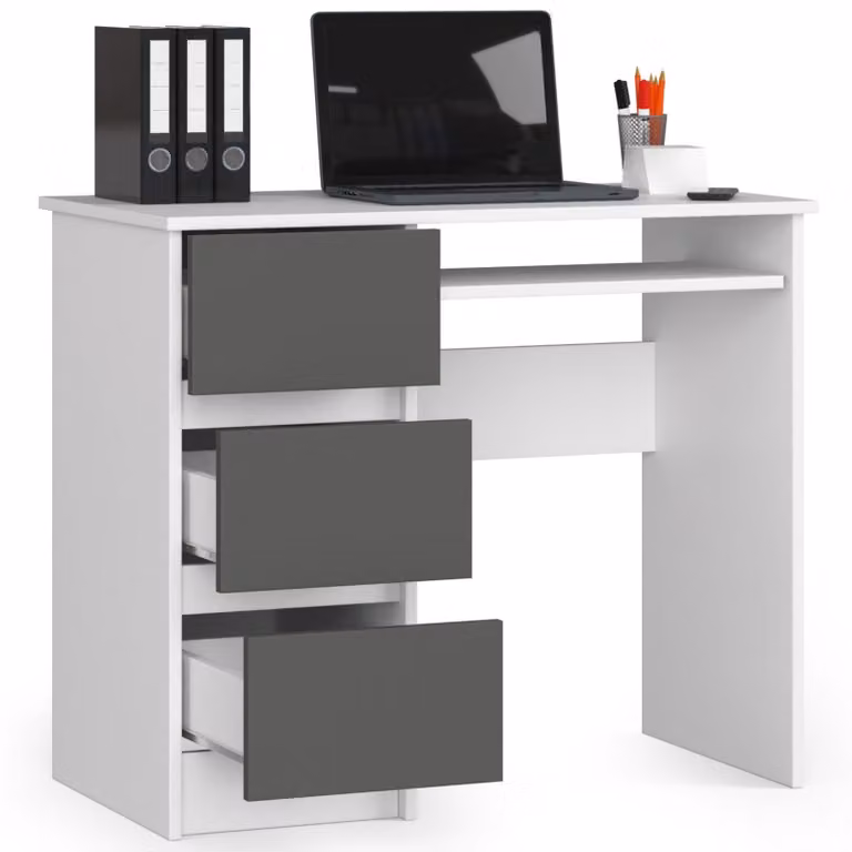 Scrivania da 90 cm con 3 cassetti e ripiano estraibile per tastiera; scrivania per computer, scrivania da lavoro