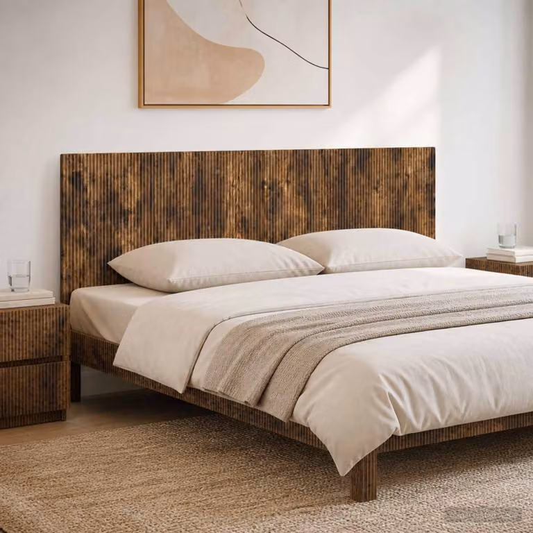 Testiera da muro vidaXL ARNHEM in legno ingegnerizzato Rovere Fumo con ripiano integrato, marrone, L: 200 cm, H: 50 cm, P: 16,64 cm