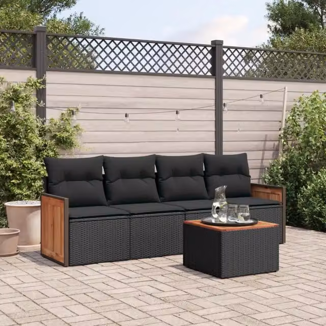 Set Divani da Giardino 5 pz con Cuscini in Polyrattan Nero 3227455