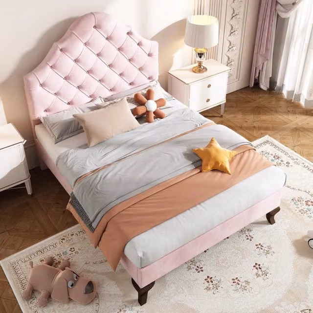 Letto singolo OKWISH in velluto rosa con testiera imbottita e rete in legno, L/P/H: 90 x 200 cm