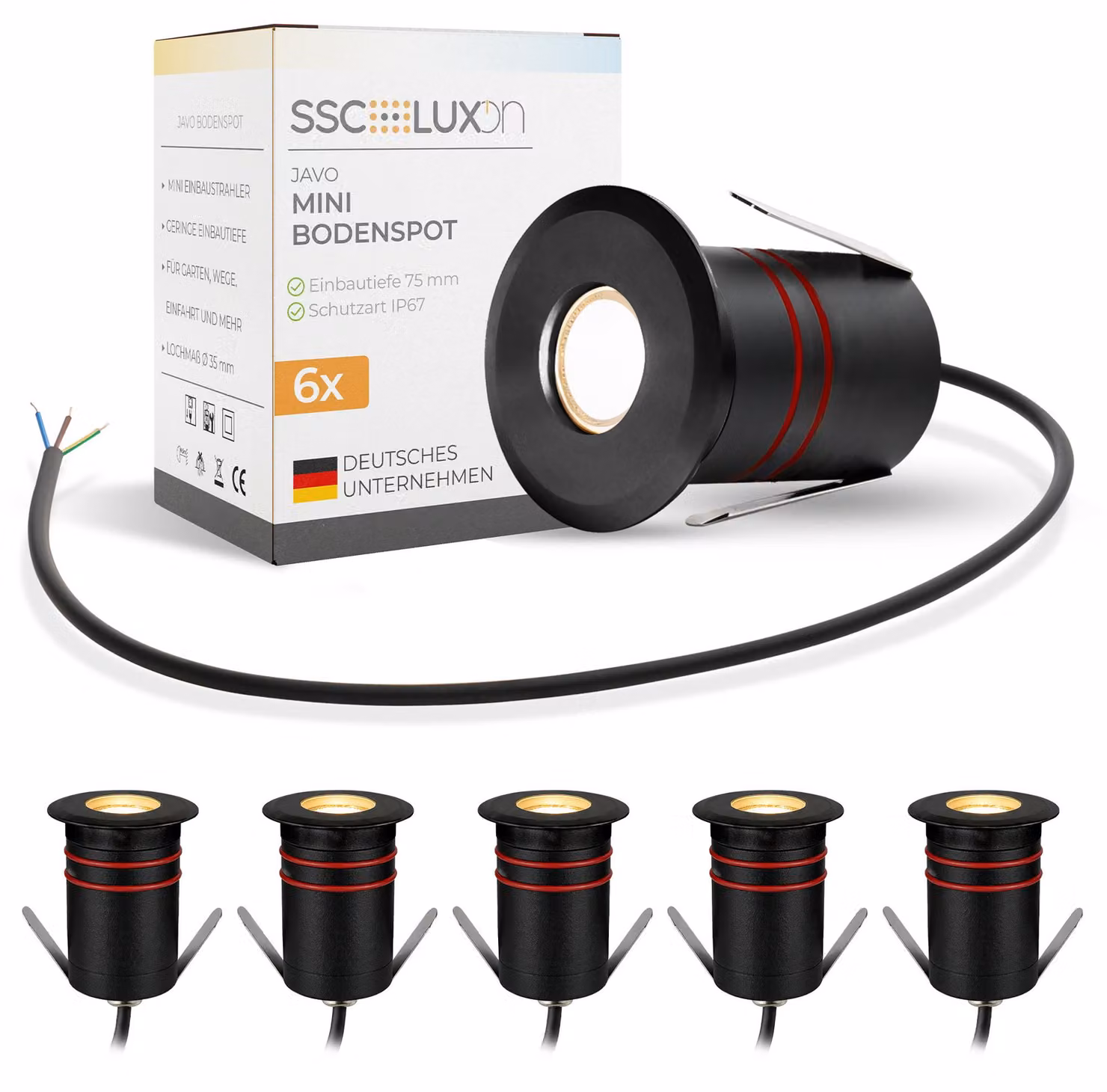 SSC-LUXon 6 pezzi JAVO faretto da incasso a terra LED esterno 230V spot a terra bianco caldo - luce a terra piccola calpestabile IP67 nero Ø 47mm