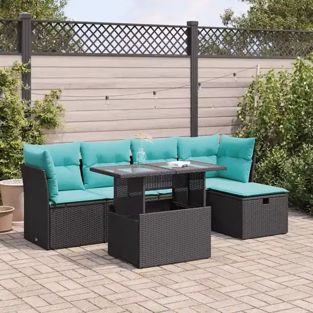 Set Divano da Giardino 6 pz con Cuscini Nero Polyrattan Acacia 3326138