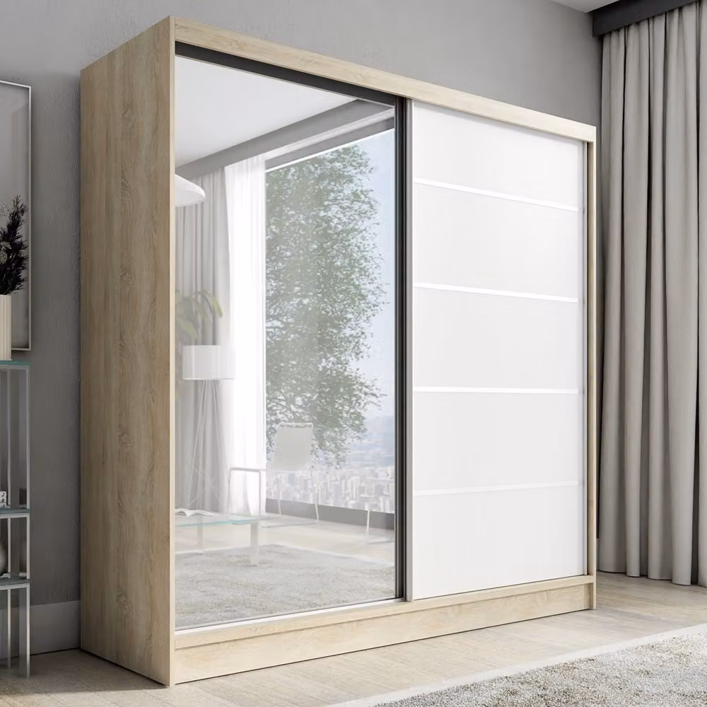 Armadio a porte scorrevoli, a 2 ante con specchio NERO 200 cm (marrone, bianco)