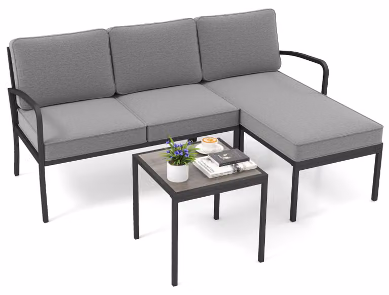 COSTWAY, set da salotto da giardino composto da 3 pezzi, mobili da esterno con capacità fino a 360 kg, poltrona da esterno con tavolo e cuscini, mobili per terrazza, set di sedute, gruppo sedute, colore grigio