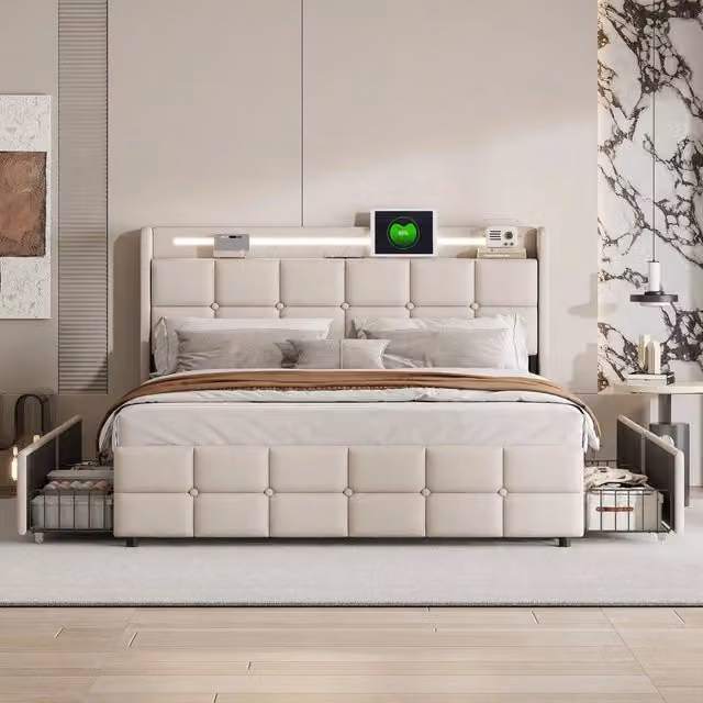Letto Matrimoniale 160x200 cm con 4 Cassetti; Struttura Letto Imbottito con Luci LED e Porta USB; Testiera in Lino; Senza Materasso; Beige