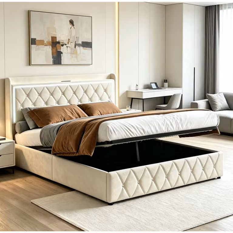 Letto imbottito INONEFT, 140 x 190 cm, con testiera, letto matrimoniale con sistema di sollevamento idraulico e spazio contenitore, struttura letto per giovani e adulti, in velluto, color beige
