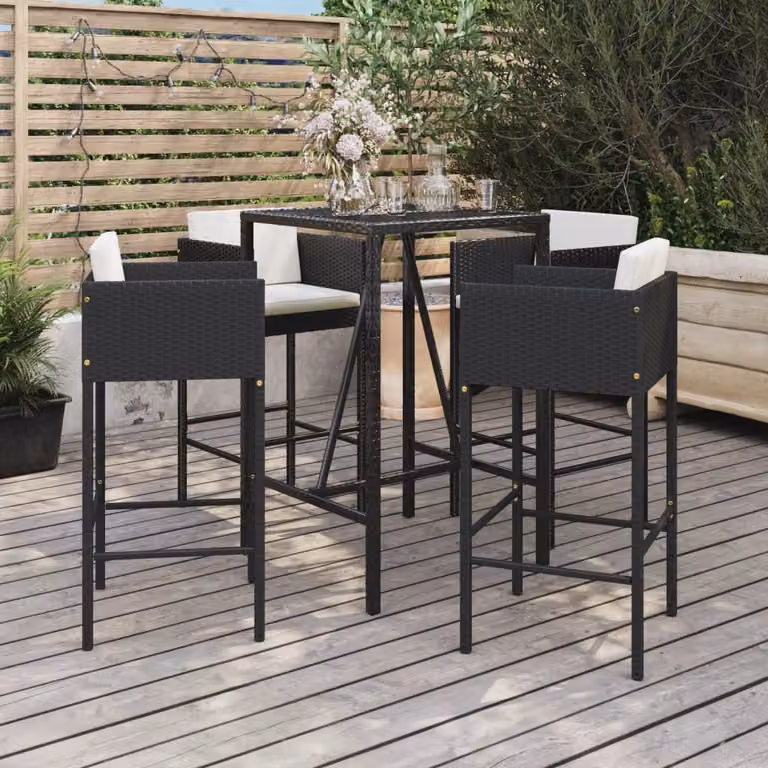 Set Bar da Giardino vidaXL in Polyrattan Nero con Cuscini e Piano in Vetro per Terrazza o Giardino