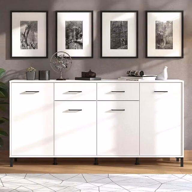 Madia Grondona DMORA, Credenza moderna con 4 ripiani, Bianco opaco, L: 182.5 cm, P: 40 cm, H: 90 cm – 1