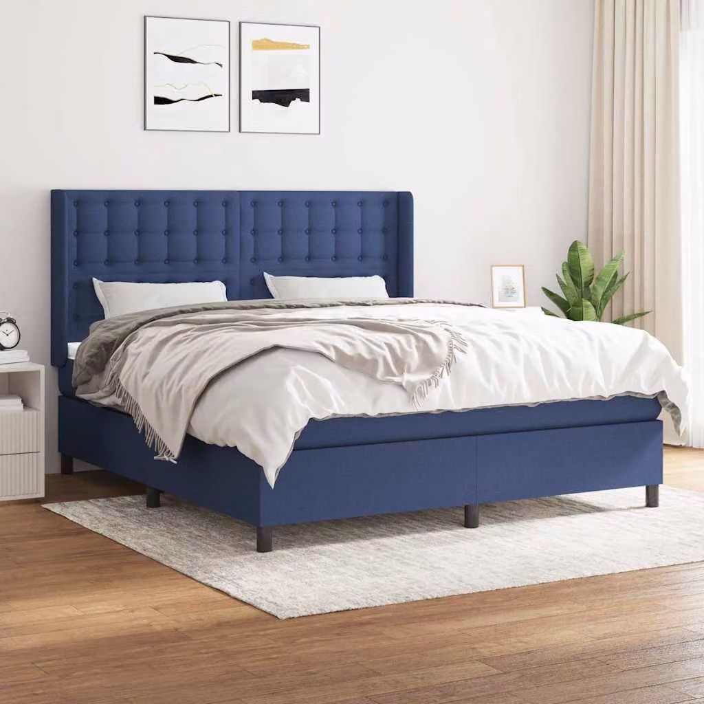 vidaXL Giroletto a Molle con Materasso Blu e Bianco in Tessuto L/P/H: 160 x 200 x 128 cm – 1