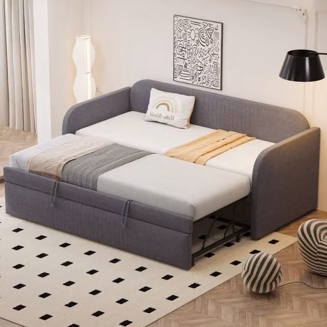 Letto divano estraibile singolo OKWISH in tessuto grigio con struttura a contenitore idraulica, L/P/H: 90 x 190 cm