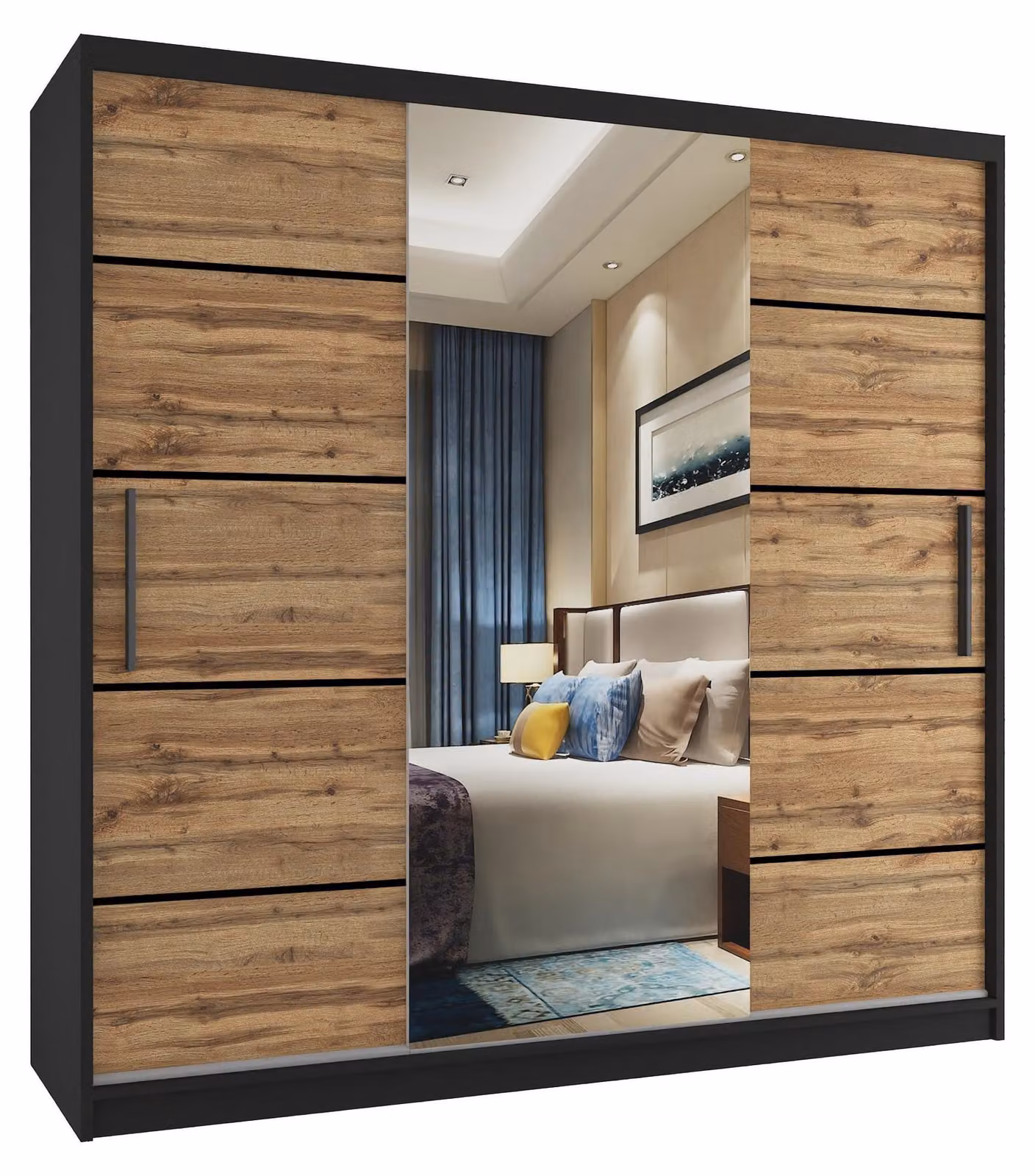 BELINI Verona, armadio scorrevole da 200 cm, nero/marrone dorato opaco - armadio con specchio e 4 cassetti, ideale per la camera da letto